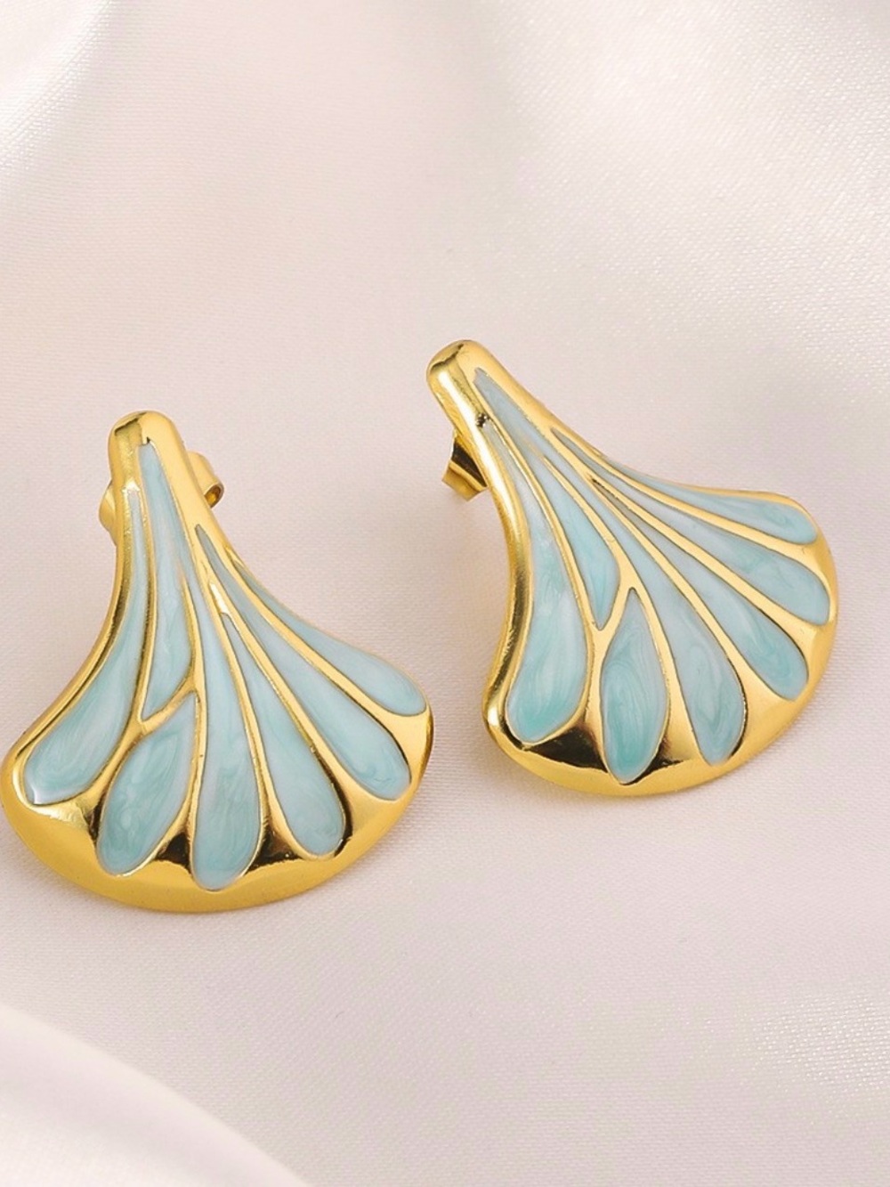 Gold-Plated Blue Enamel Fan stainless steel Earrings
